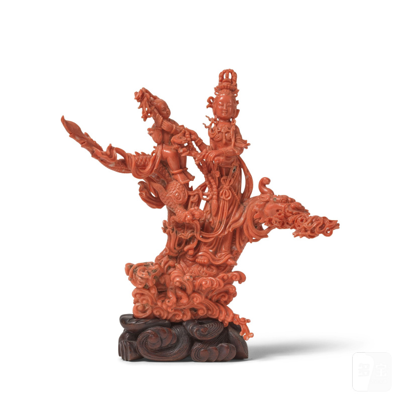 清晚期 珊瑚雕觀音像 | GROUPE EN CORAIL ROUGE SCULPTÉ